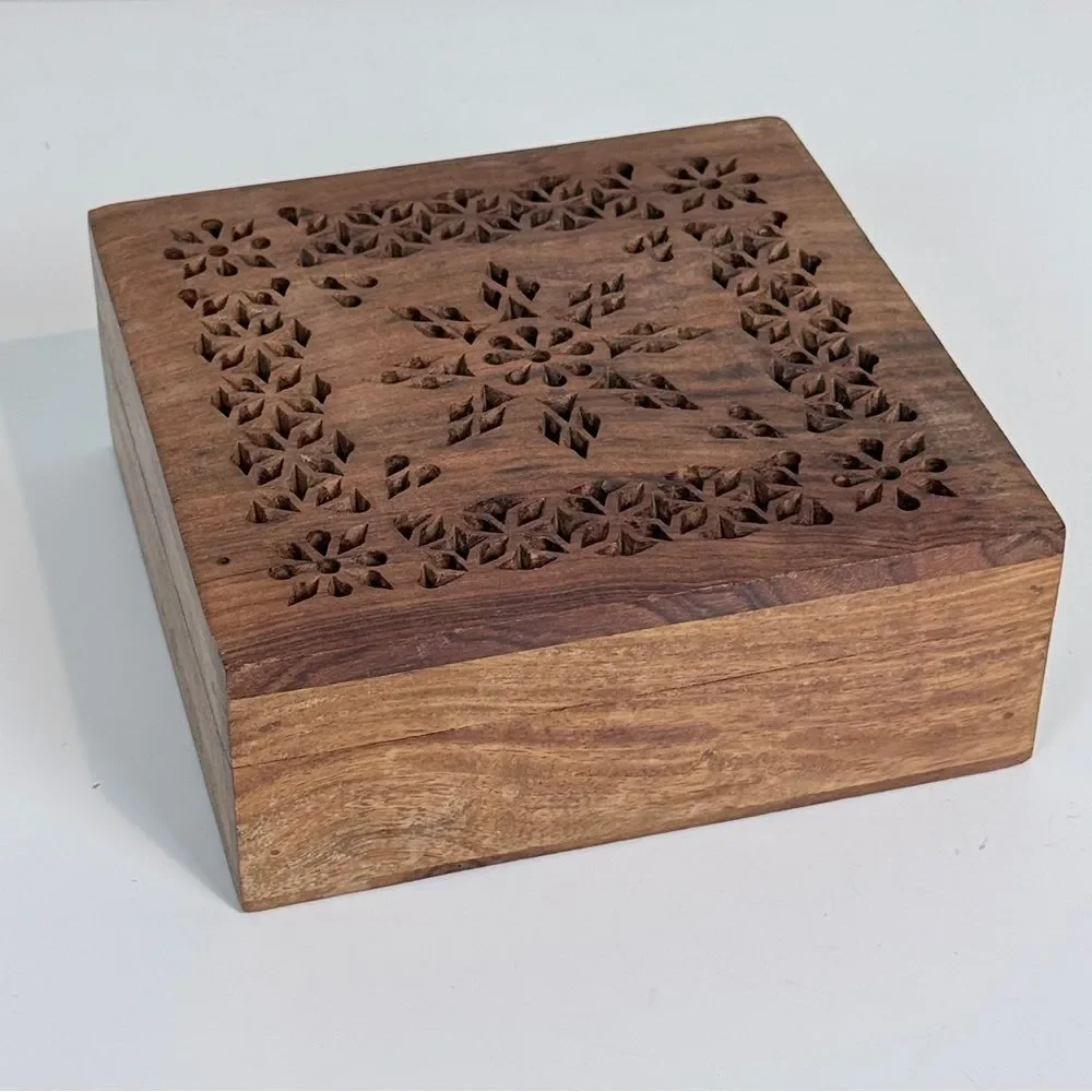 Vintage Carved Mango Wood Hinged Lid Box 6x6